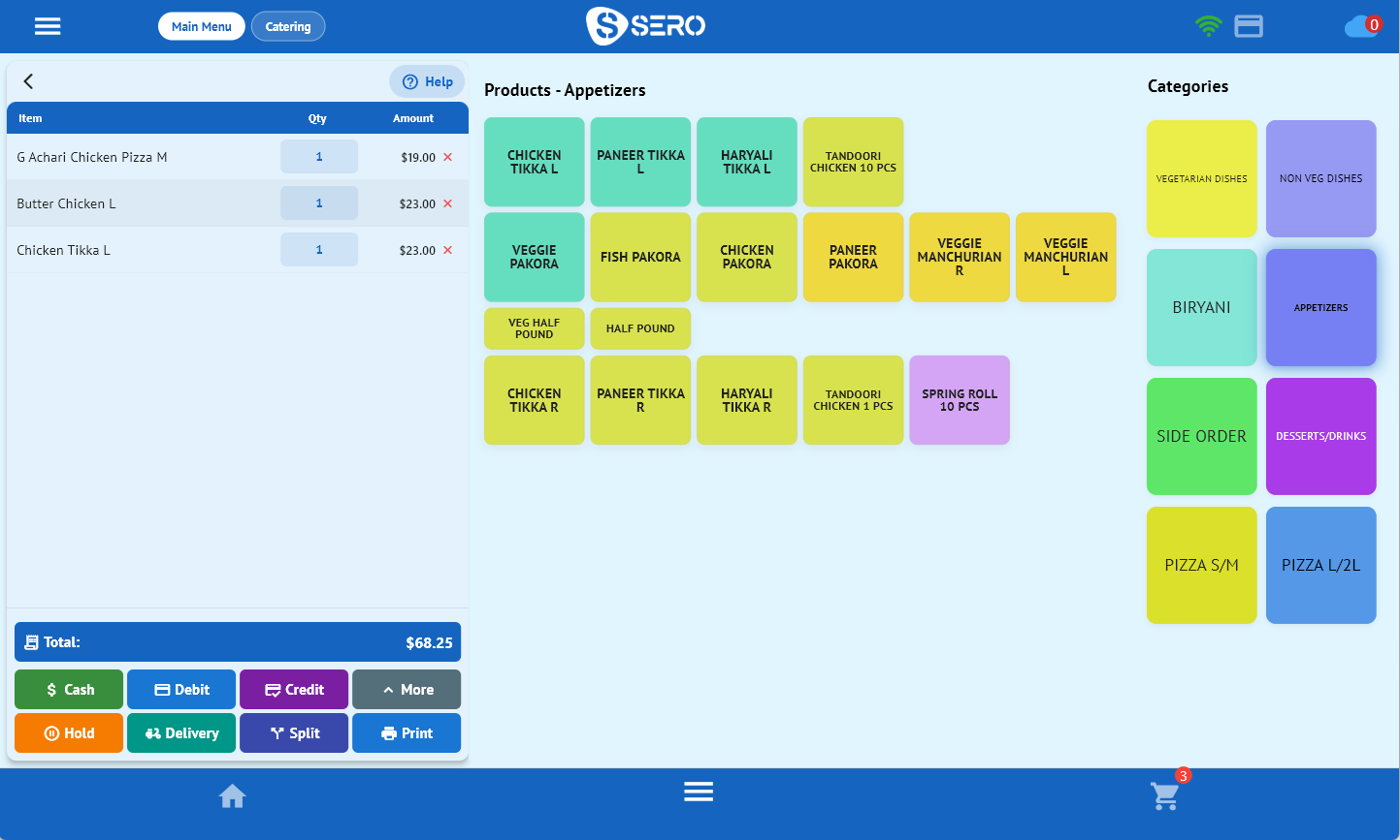 SeroPOS sale screen — color-coded menu, live cart and one-tap payments
