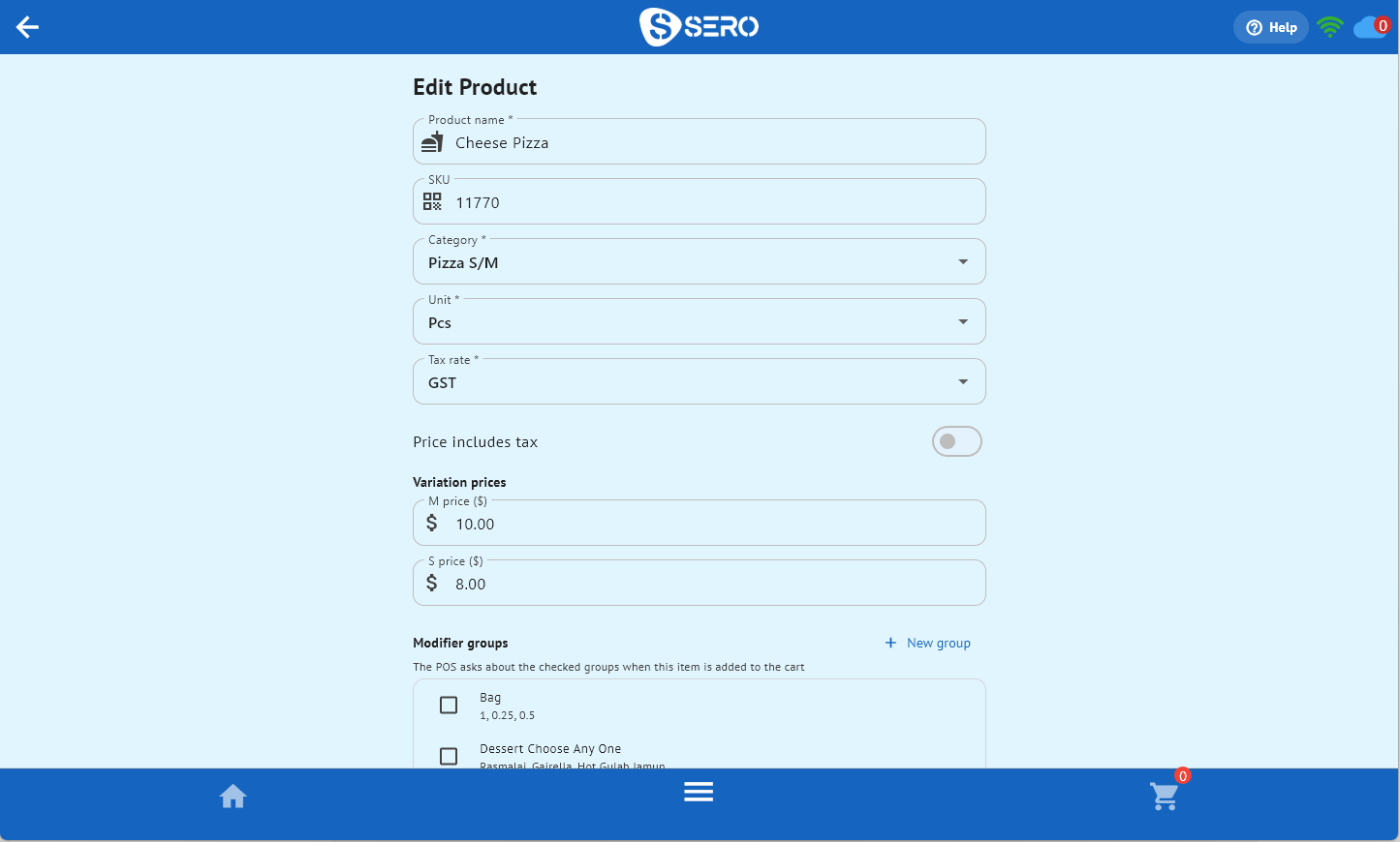 SeroPOS product management with variations, modifiers and tax settings