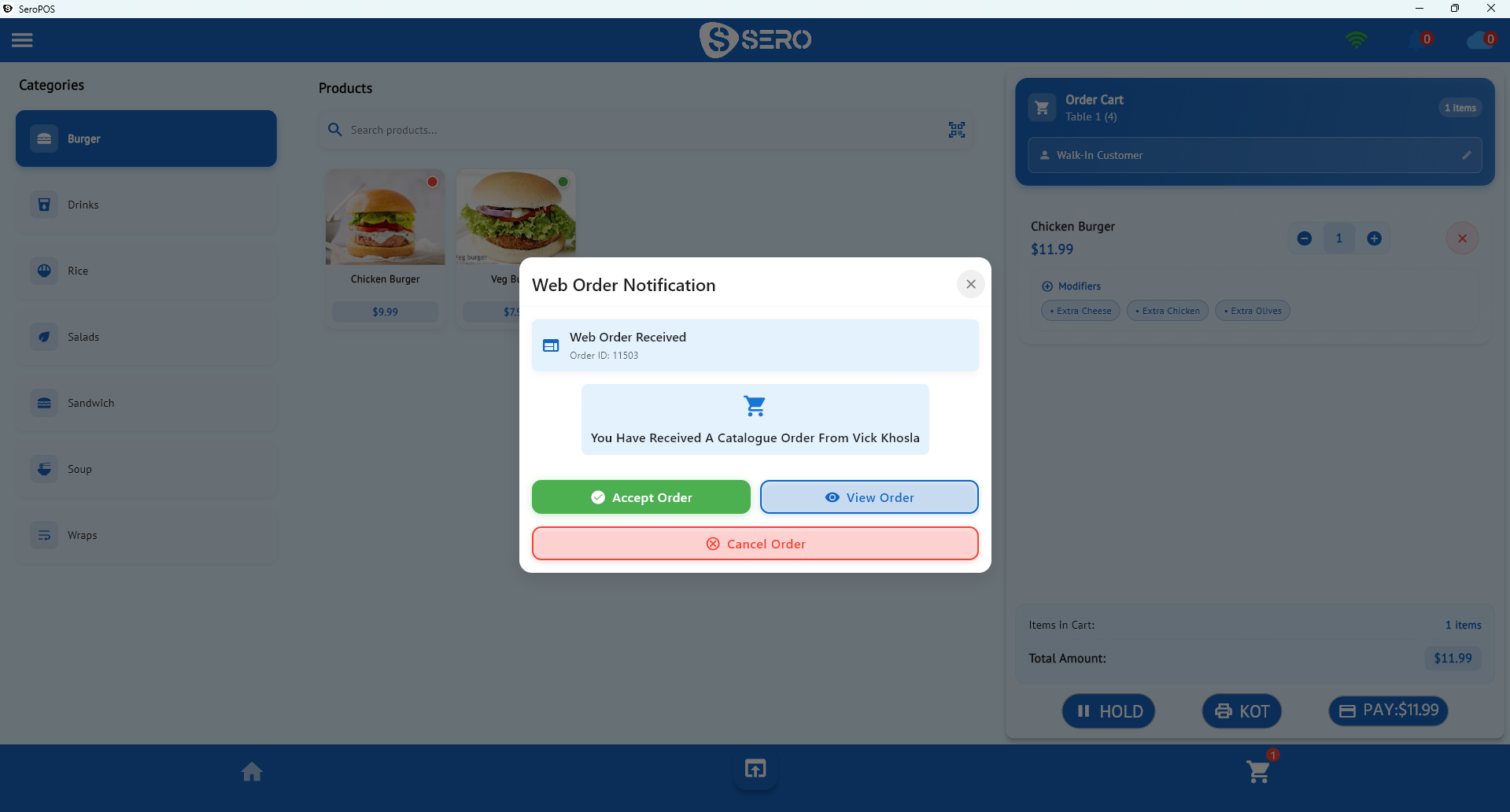 SeroPOS web order notification with accept, view order and cancel options