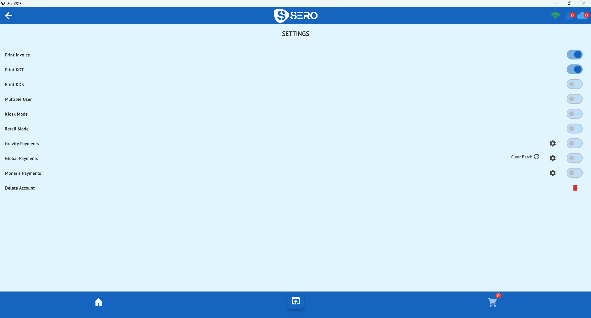 POS settings screen showing Print KOT and Print KDS options for kitchen routing